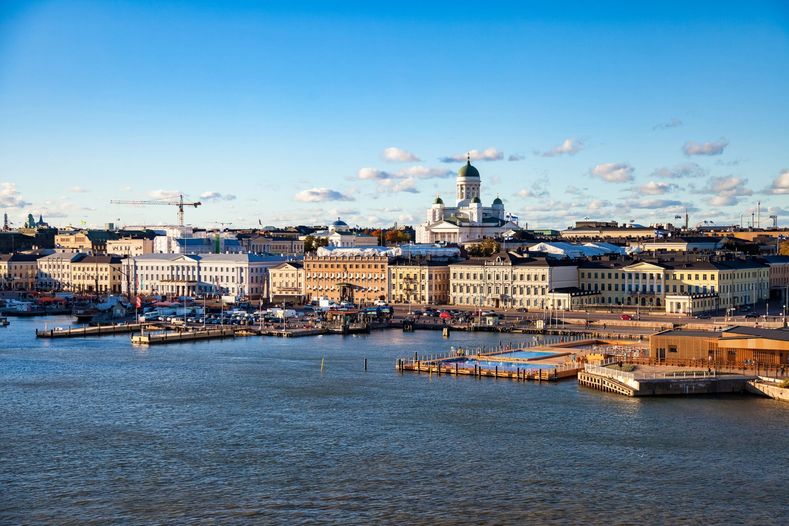 Aerial scenic panoramic view Helsinki city, embankment capital of Finland